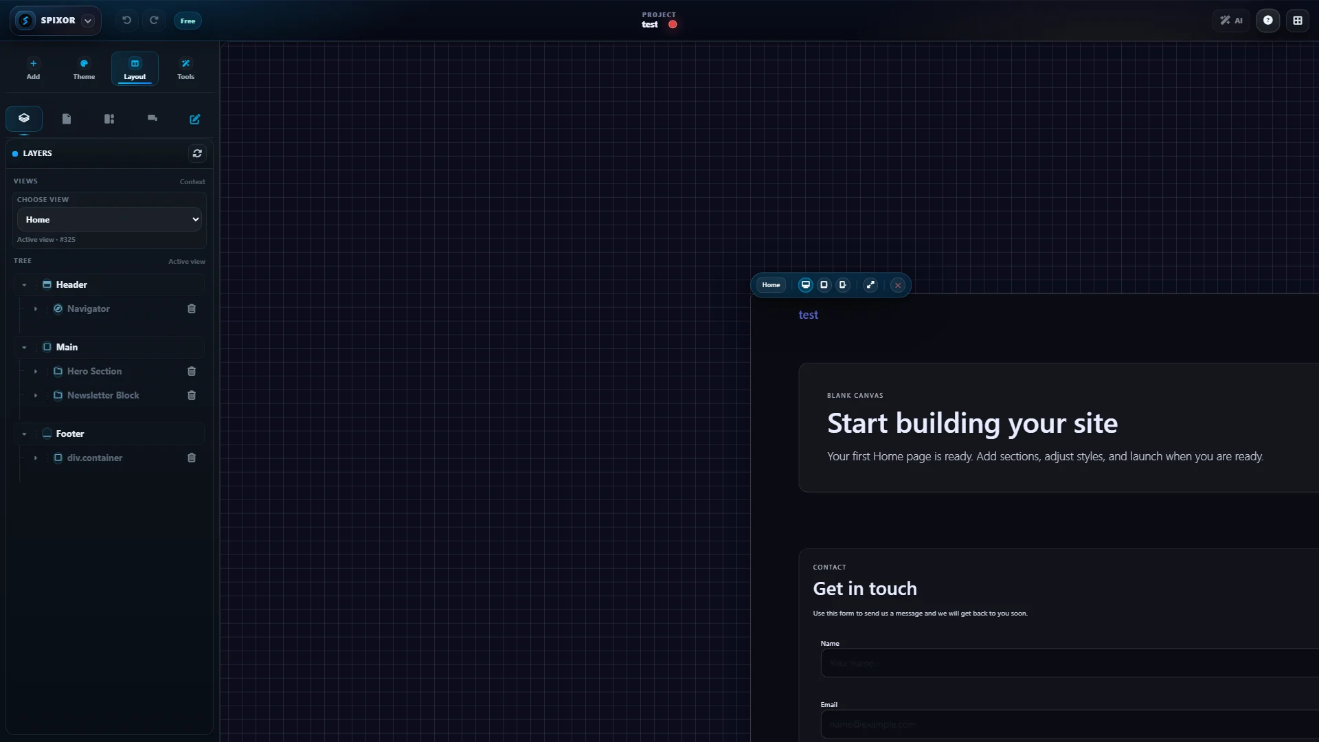 Spixor visual website builder canvas