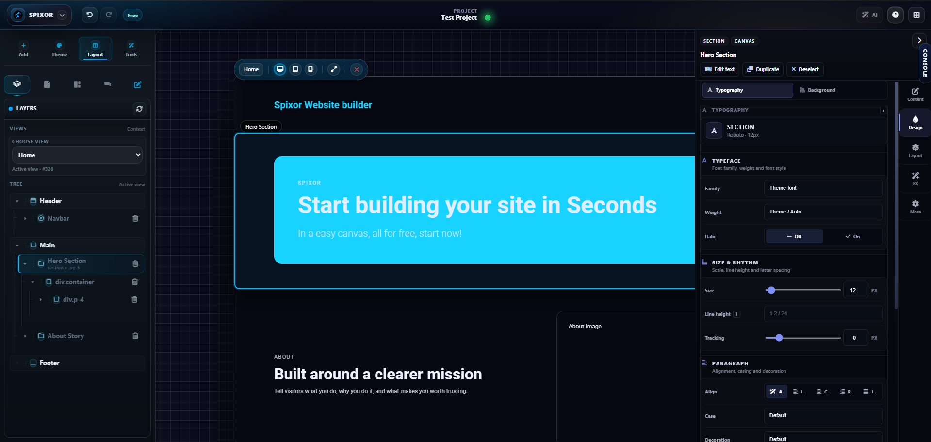Spixor website builder interface
